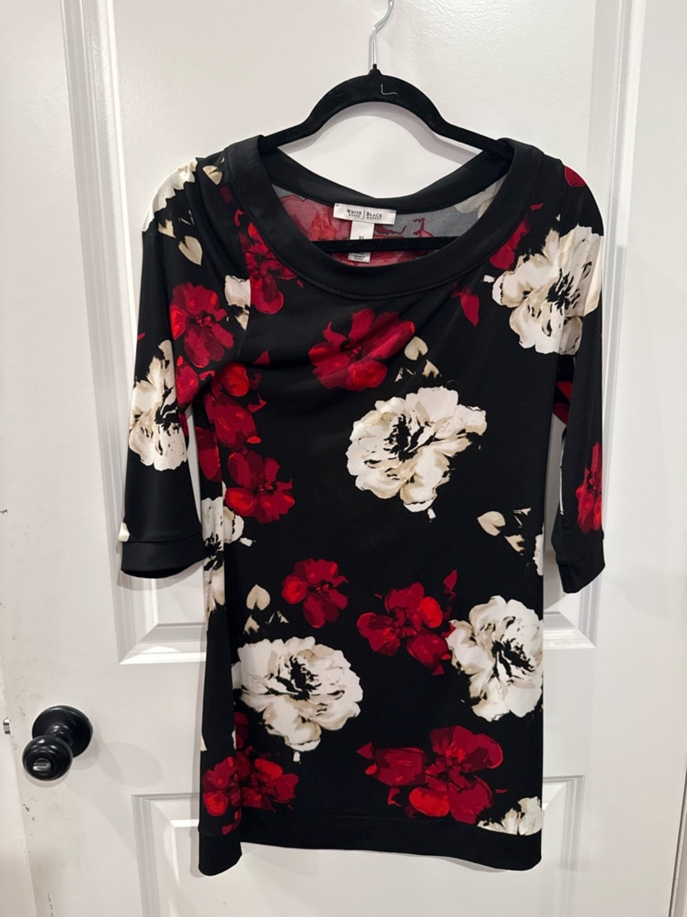White House Black Market Black Floral Sheath Dress with Red & Cream Blooms